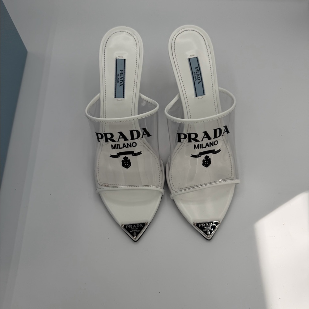 Prada Clear PVC Logo Mule Heels White Pointed Toe Size 38 Italy - Picture 9 of 9